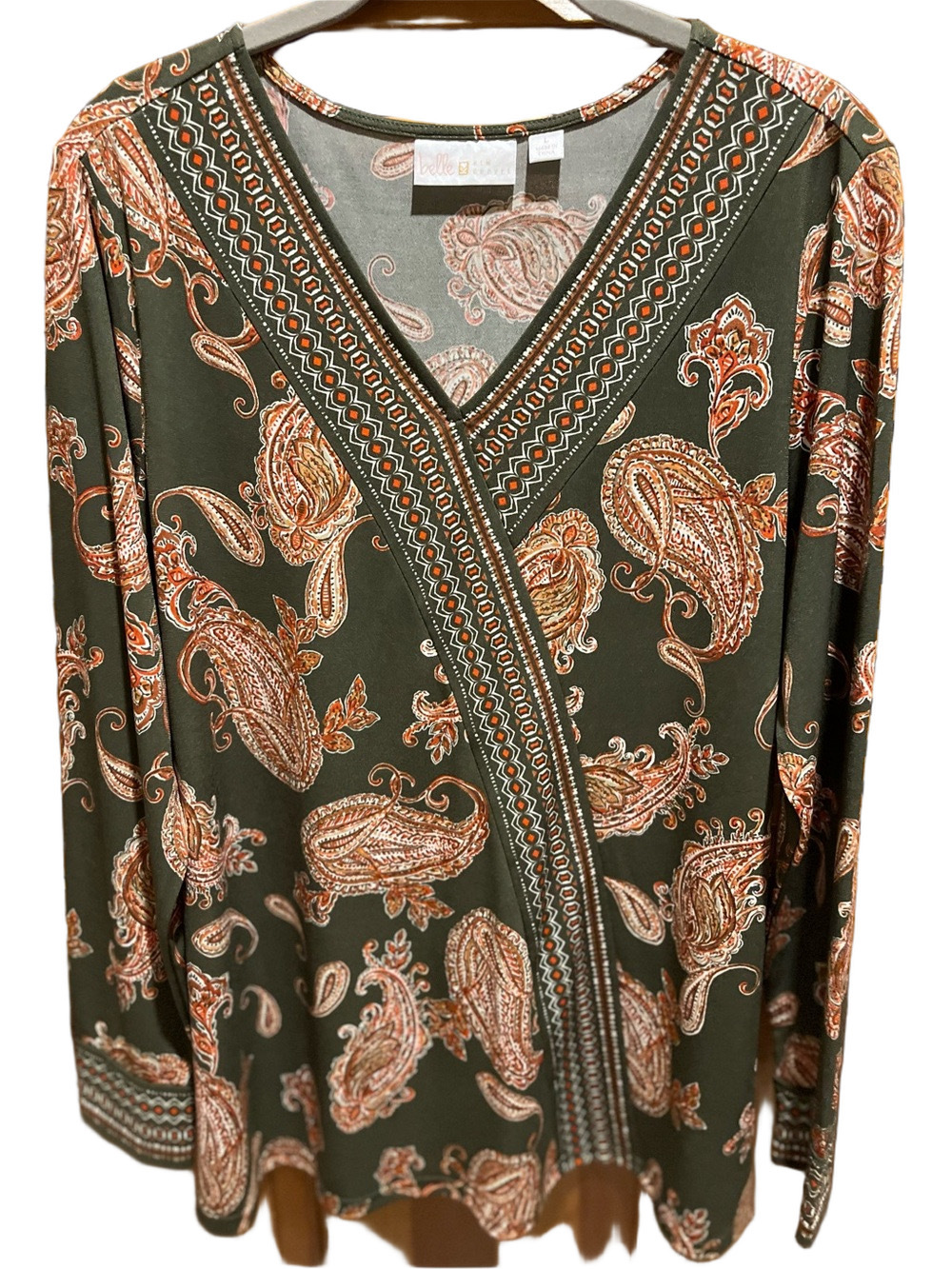 Belle by Kim Gravel Olive Green Paisley V-Neck Wrap Top